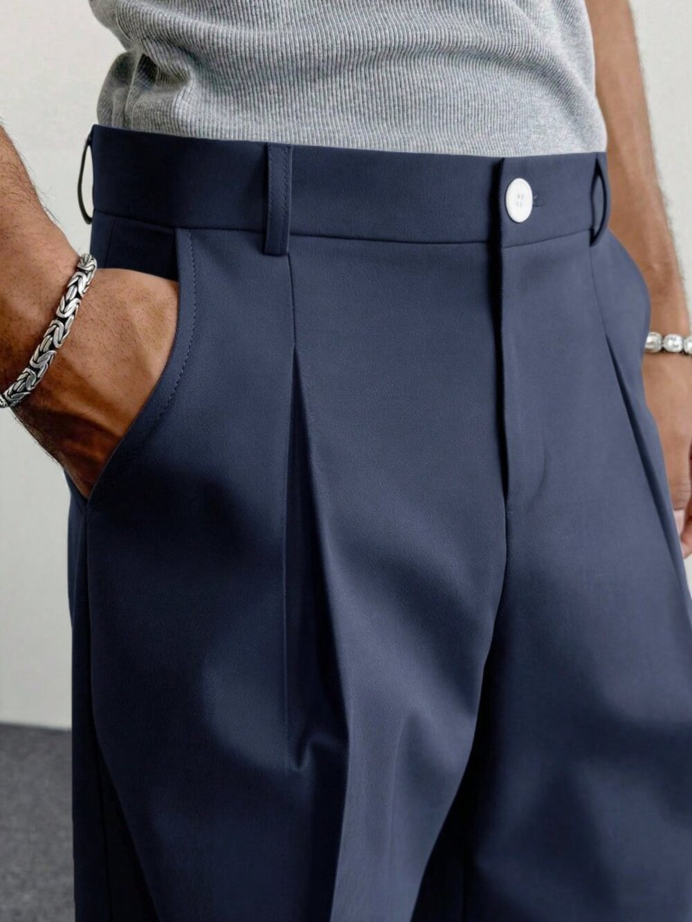 Navy Blue Casual Men's Wide Leg Pants - Picture 3 of 8